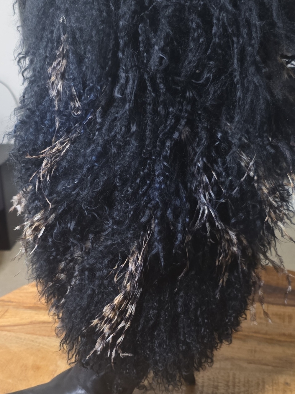Black Curly Faux Fur Boots with Natural Accents